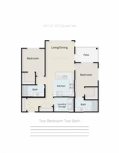 Floor plan for 2 beds, 2 baths, 1015 sqft